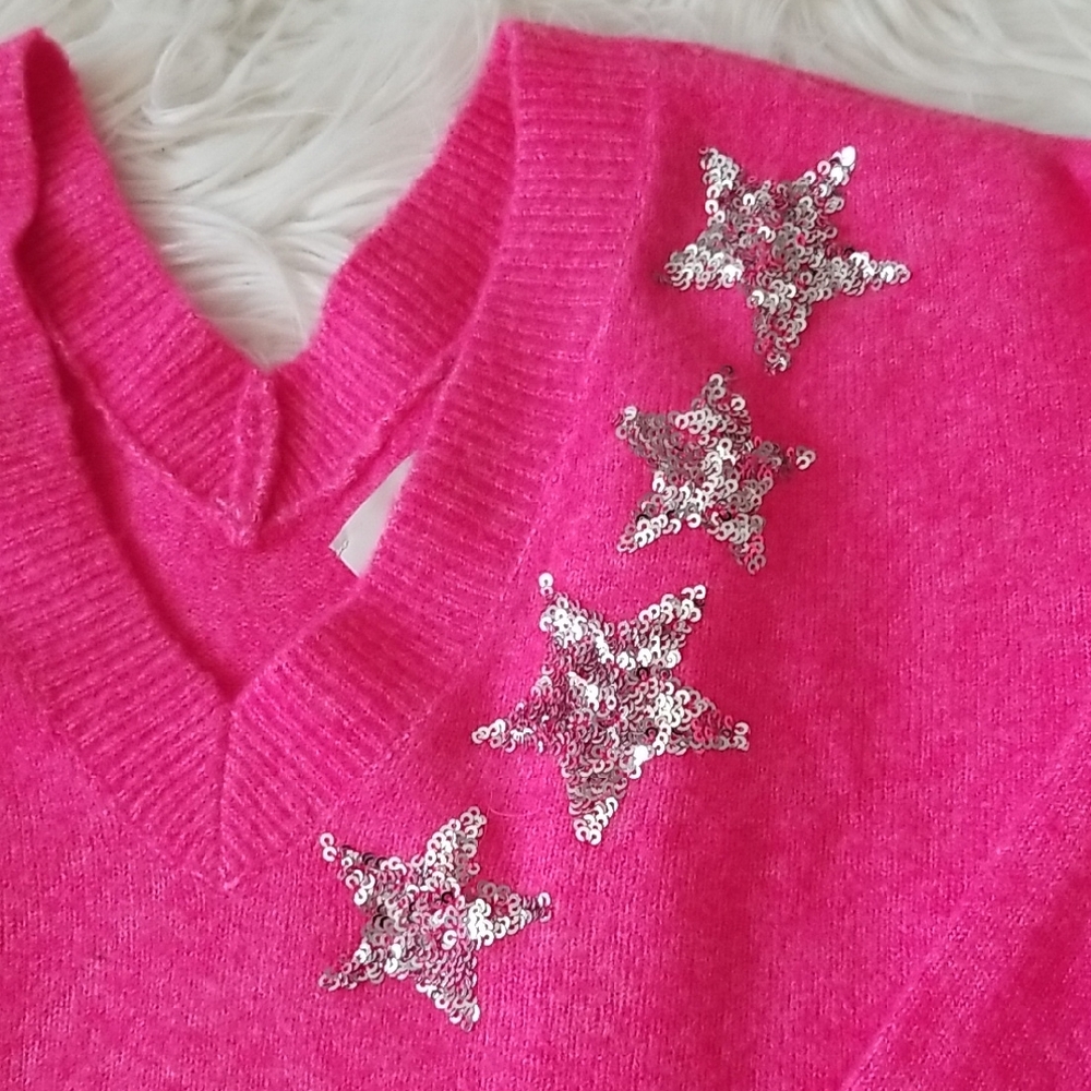 Loft Hot Pink Sweater with Silver Stars